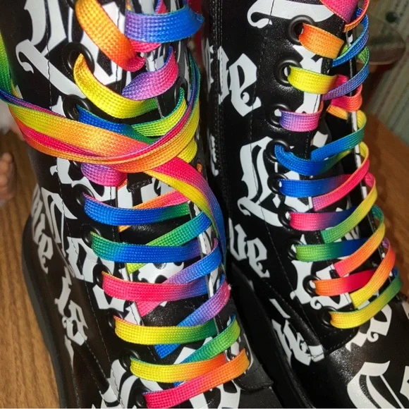 NEW RARE CLUB EXX LOVE IS LOVE PRIDE RAINBOW COMBAT BOOTS - Picture 11 of 16